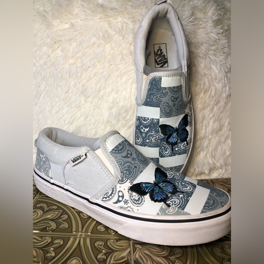 Vans Slip-On Patchwork Sneakers - White and Blue with Butterfly Missy 5 - Picture 1 of 16